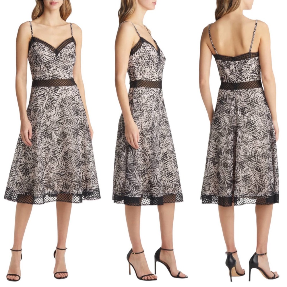 NWOT SHO by Tadashi Shoji Botanical Print Lace Inset Midi Dress in Black